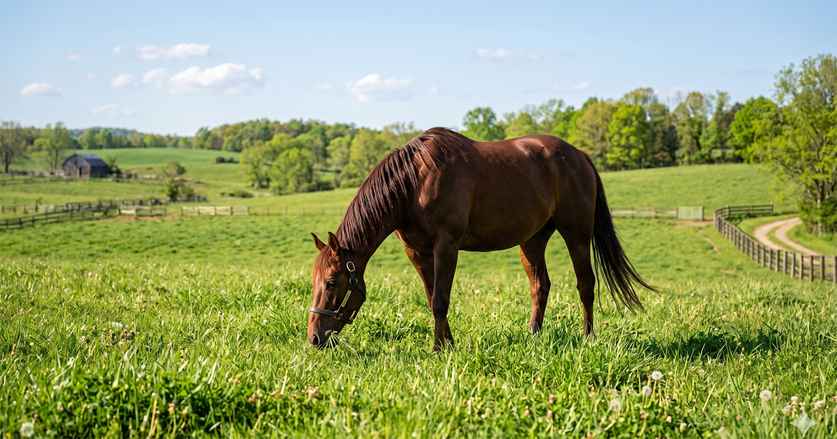Horse Grazing on Lush Spring Pasture