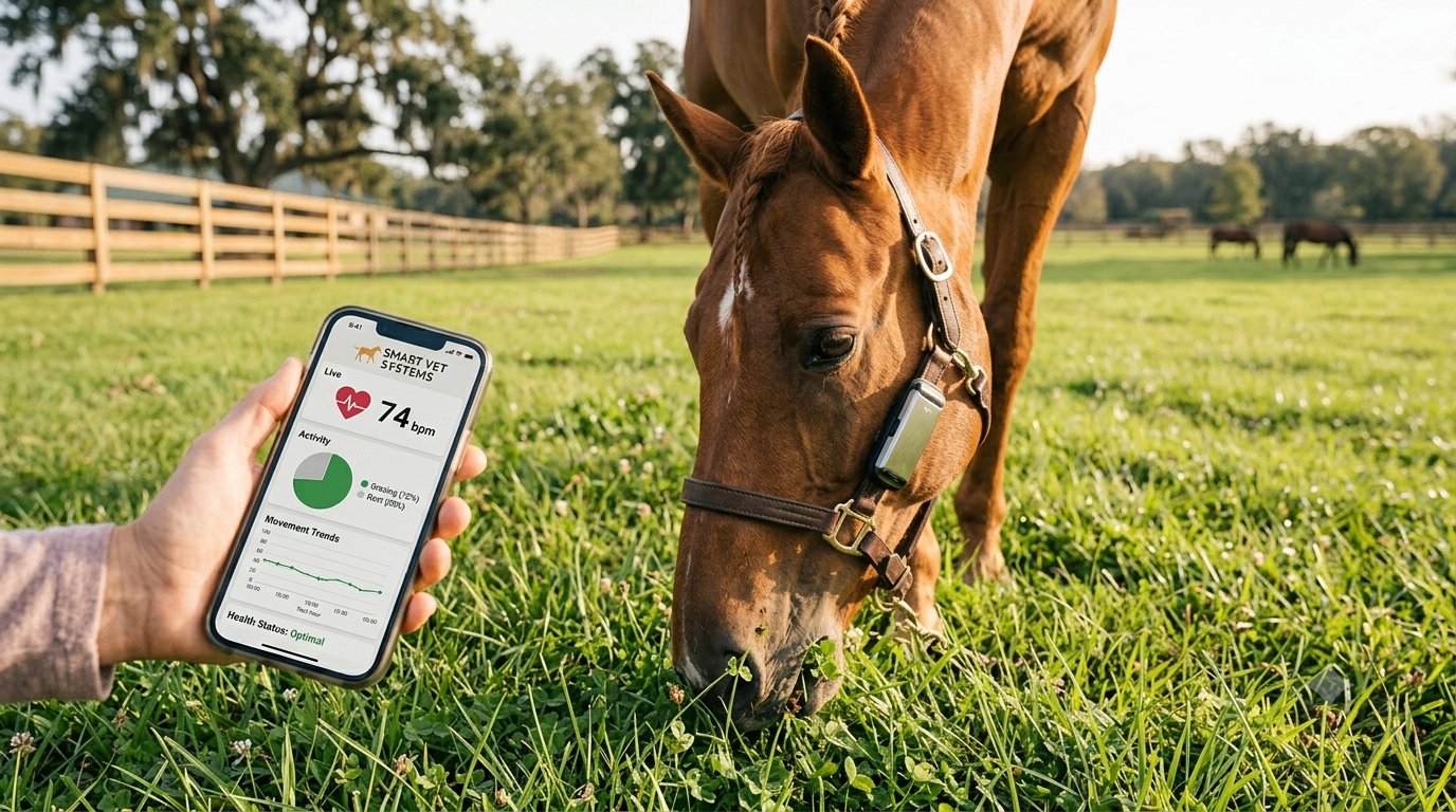 Horse wearing a wearable health tracker that monitors activity, heart rate, and wellness data.