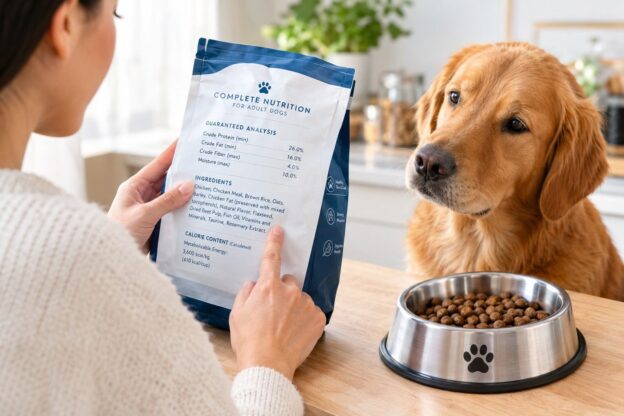 A pet owner reading pet food labels