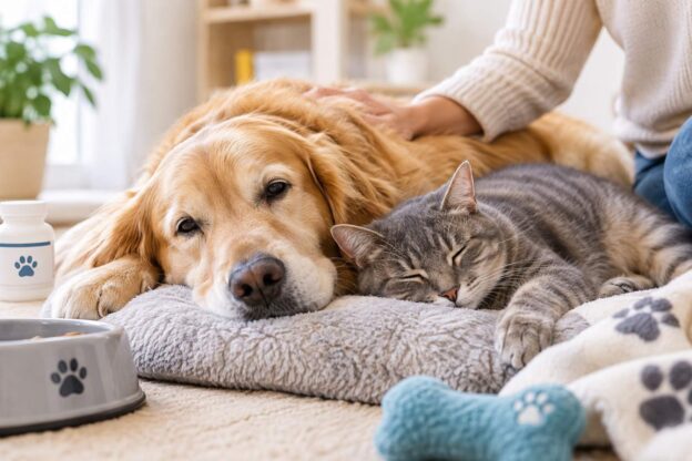 Dog and cat receiving comfort while managing pain at home.