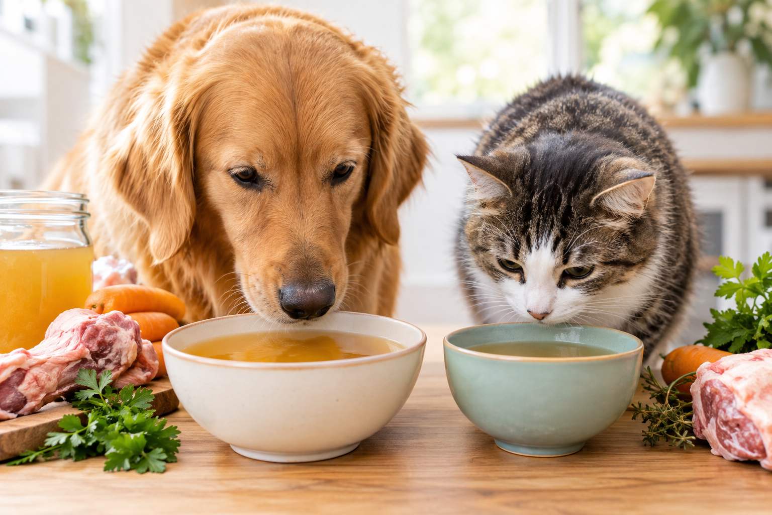 Bone broths for dogs and cats in a cozy home kitchen.