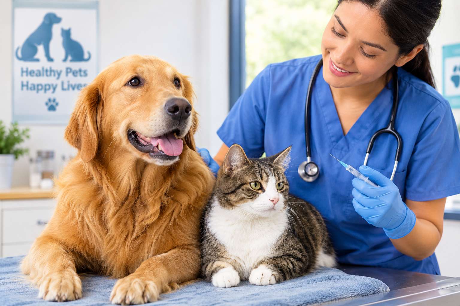 Adult dog or cat vaccination with a veterinarian in a clinic.