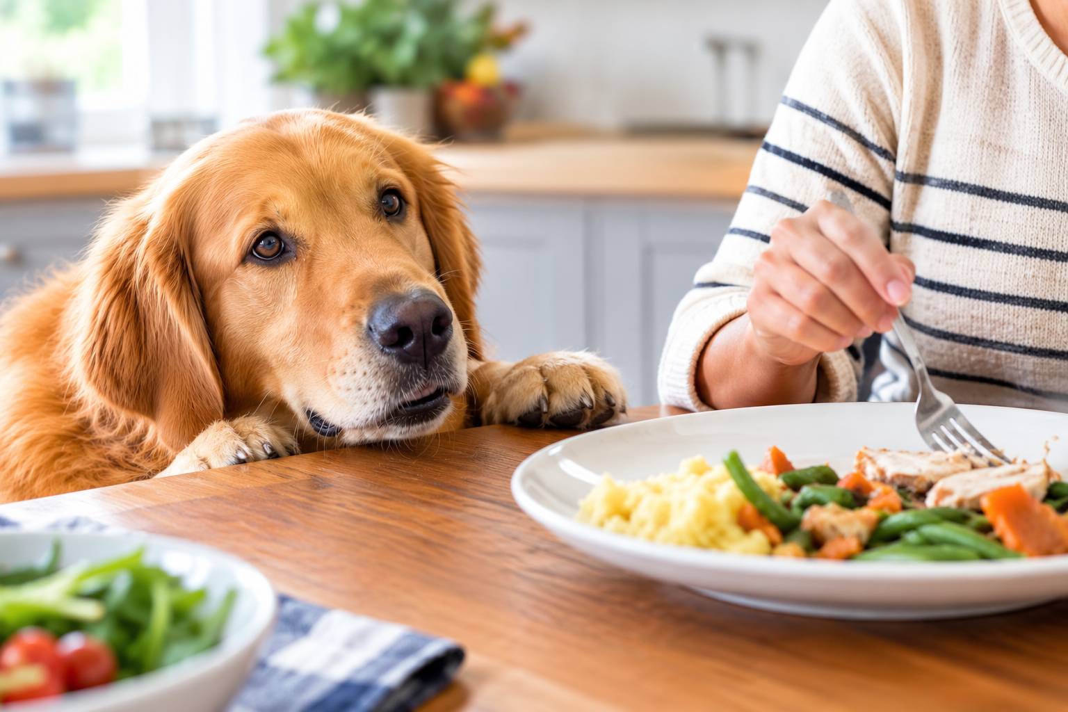 Dog parents considering whether to feed their dog table scraps.