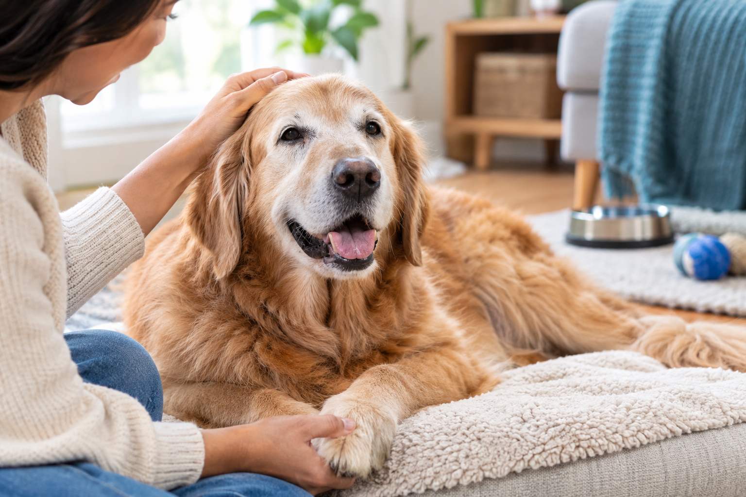 Senior dog health and comfort with loving care at home.