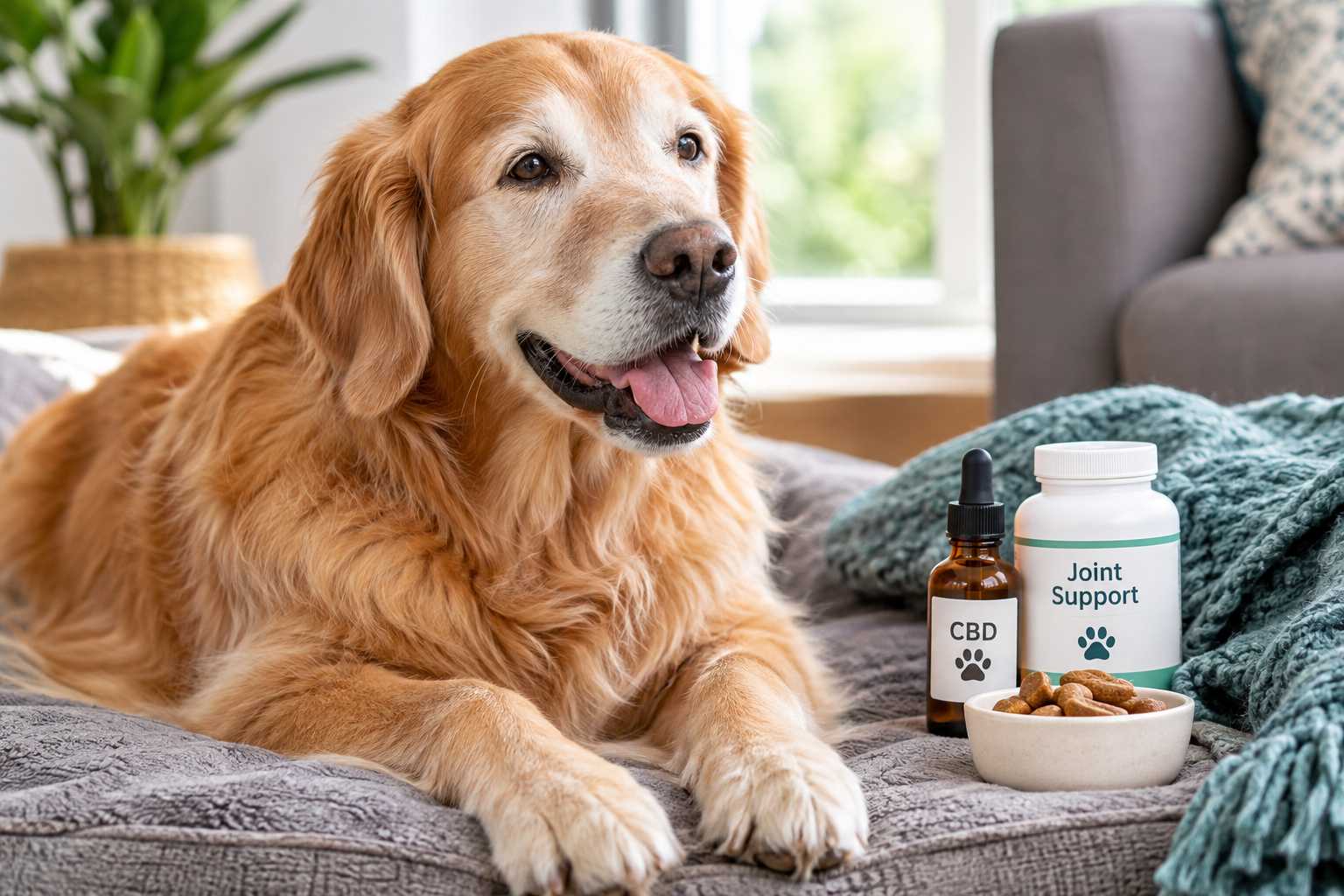 Golden retriever resting beside CBD and supplements for dog arthritis.