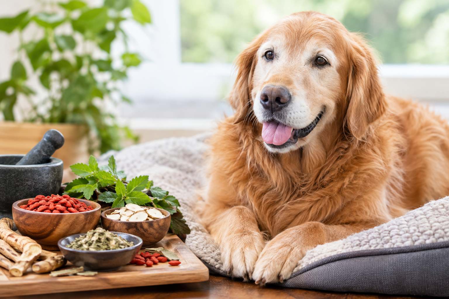 Golden retriever relaxing near Chinese herbs for dogs with arthritis.