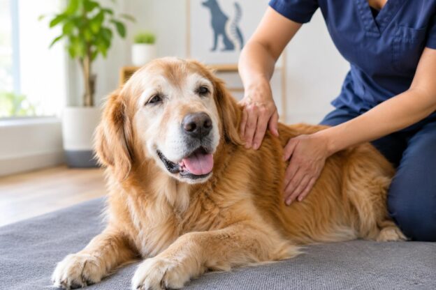 Senior dog receiving gentle chiropractic care for improved comfort and mobility.