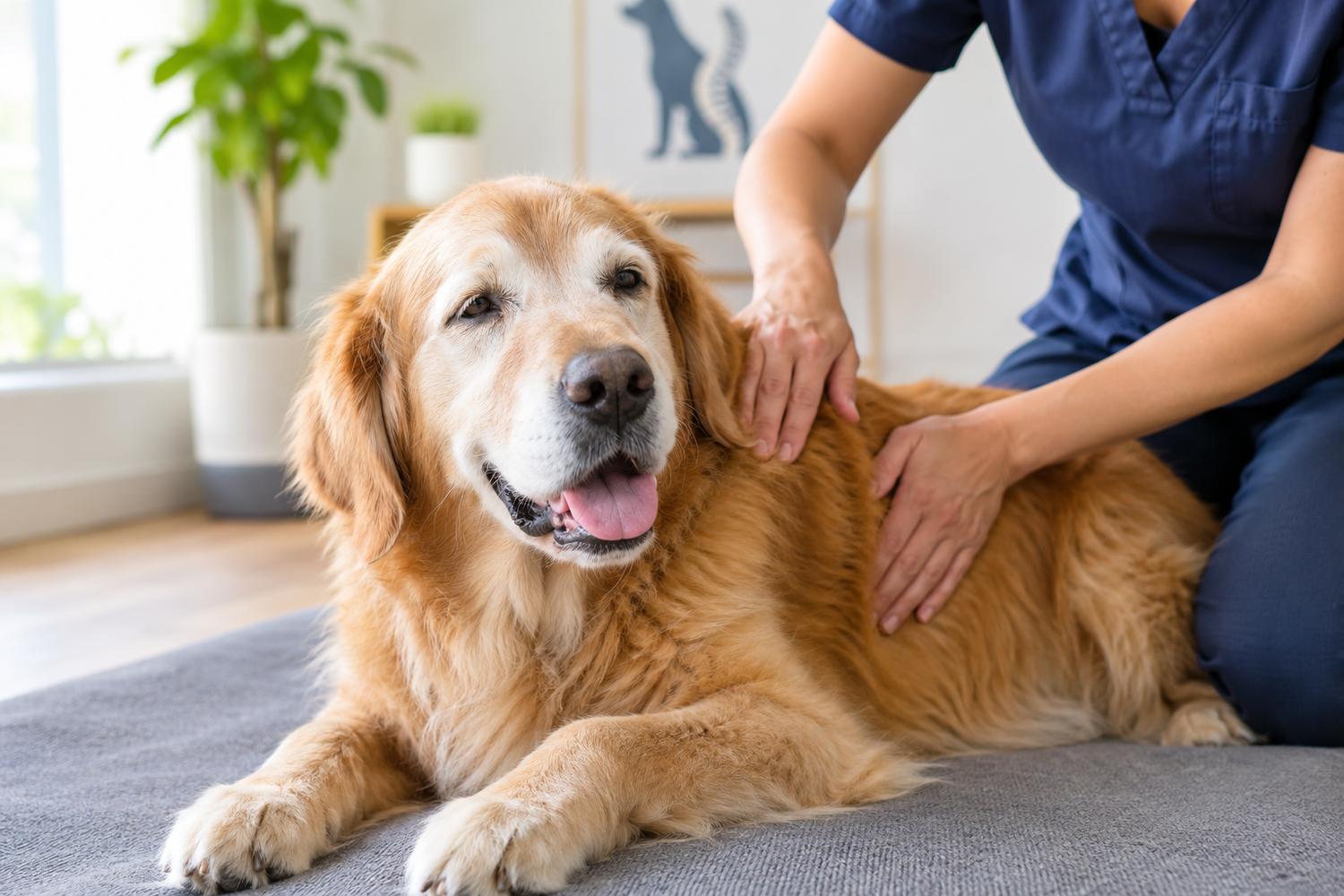 Senior dog receiving gentle chiropractic care for improved comfort and mobility.