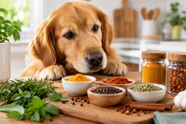 Golden retriever watching colorful spices on a kitchen counter.