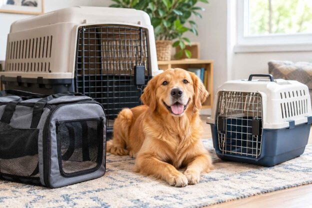 Dog with different crates and carriers for choosing the right option.