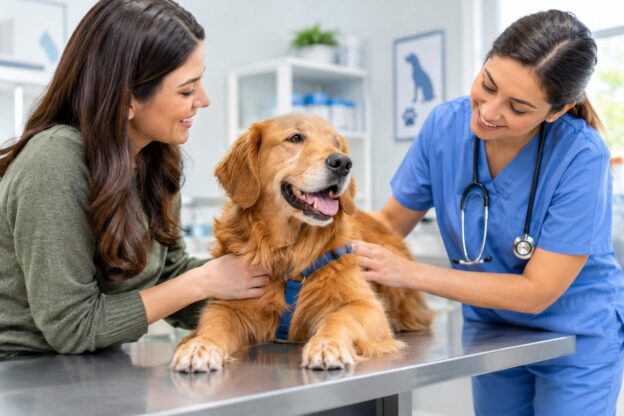 Happy dog having a calm, comfortable visit at the veterinary clinic.