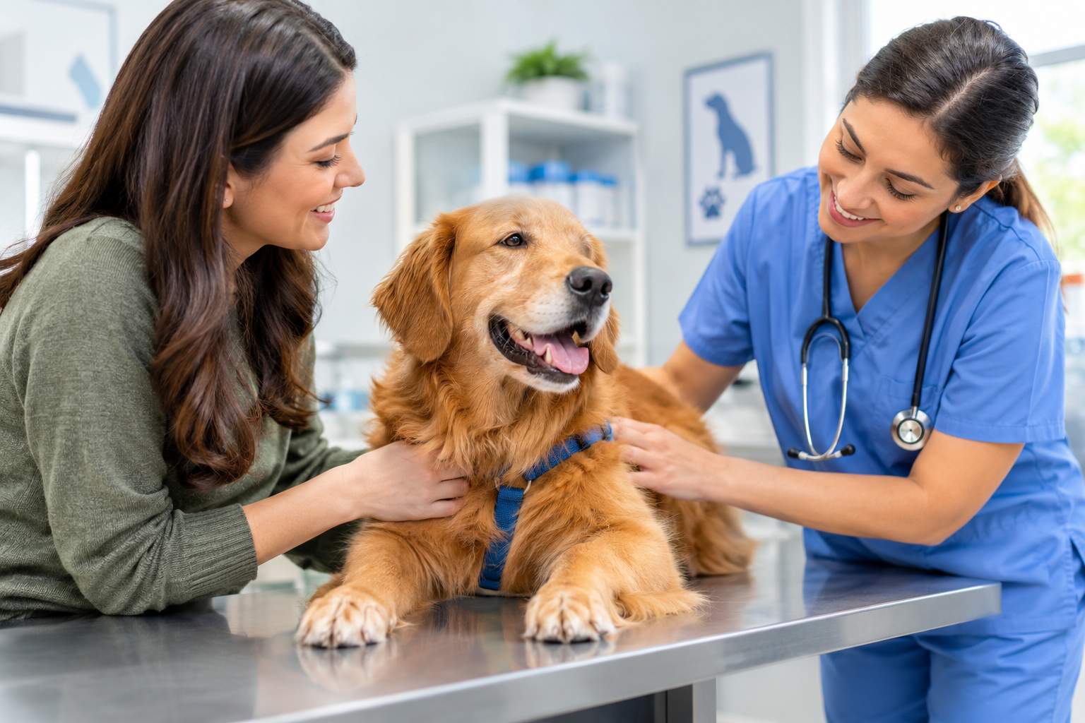 Happy dog having a calm, comfortable visit at the veterinary clinic.