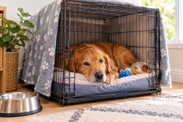 Peaceful crate environment for your dog with cozy bedding and toys.