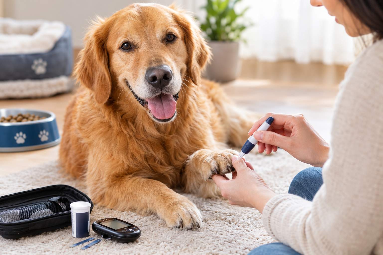 Dog parent checking blood sugar levels for a dog with diabetes.