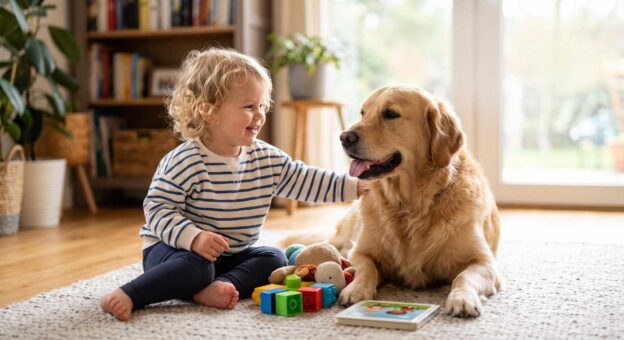 Toddler in striped shirt smiling with a friendly Golden Retriever..