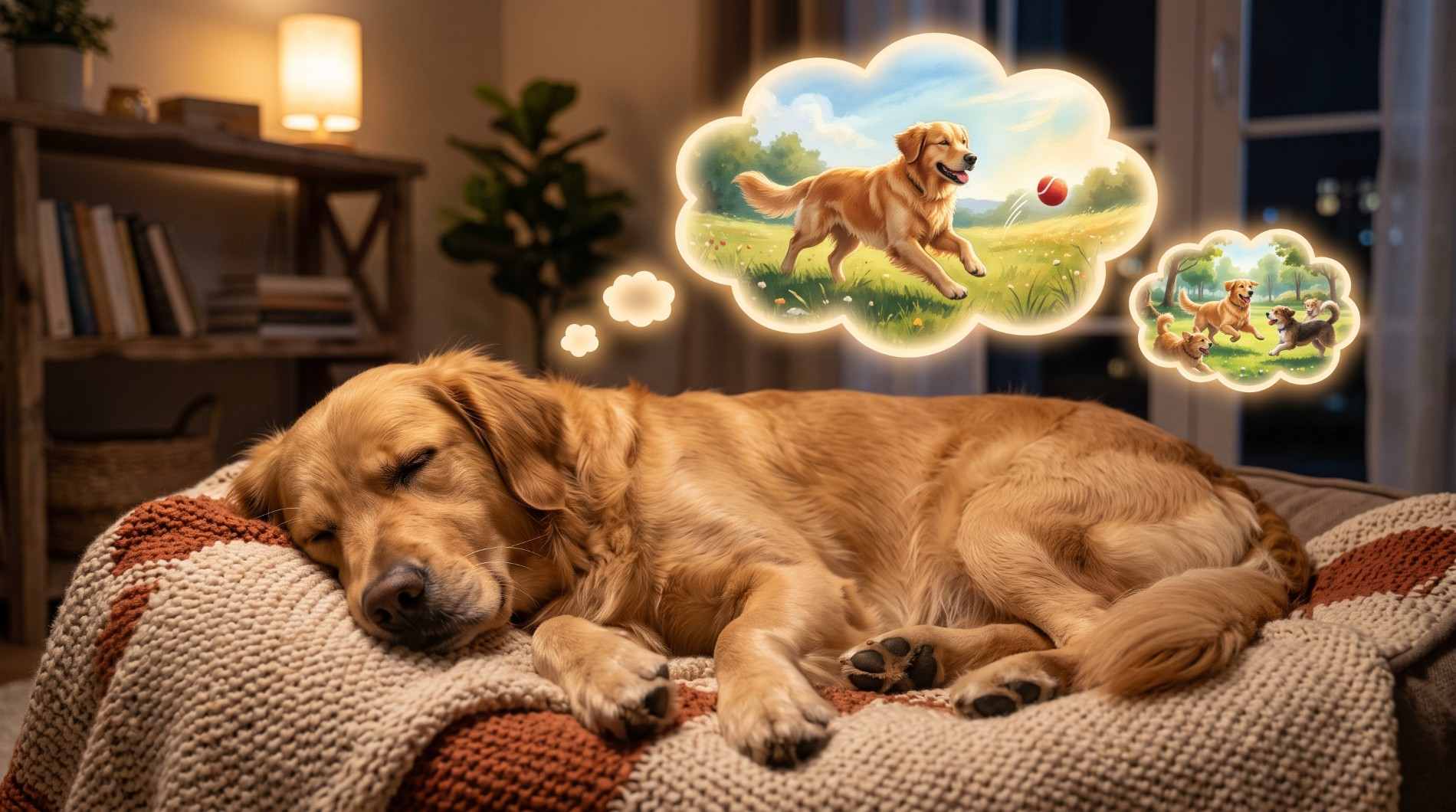 A sleeping Golden Retriever visualizing dreams about playing fetch and running with other dogs.