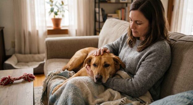 A sad dog on a couch being comforted by a woman, exploring if dogs grieve.