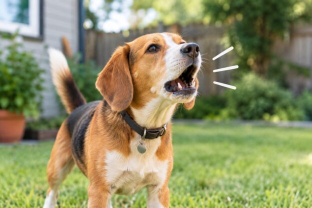 Dog barking excessively in the backyard while showing signs of excessive barking.