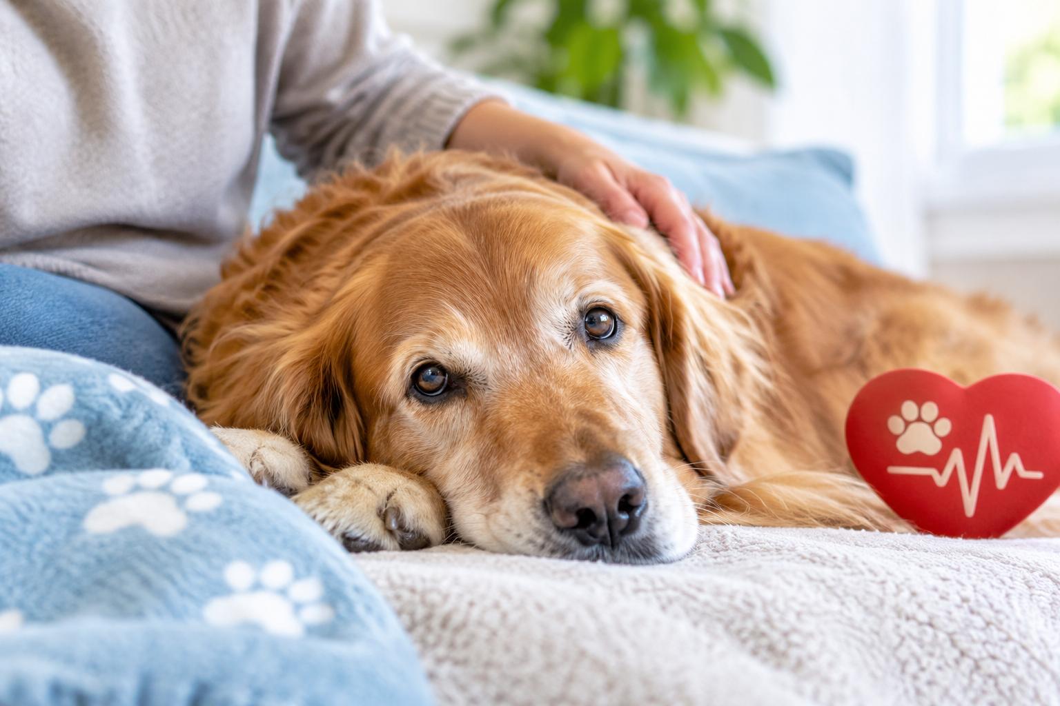 Dog with heart disease resting comfortably beside a caring pet parent.