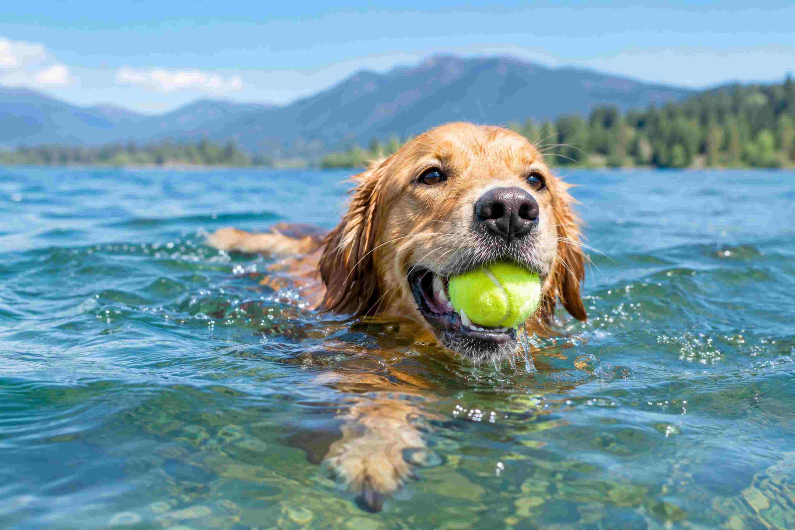 Golden retriever swimming happily in a lake, showing love for water.