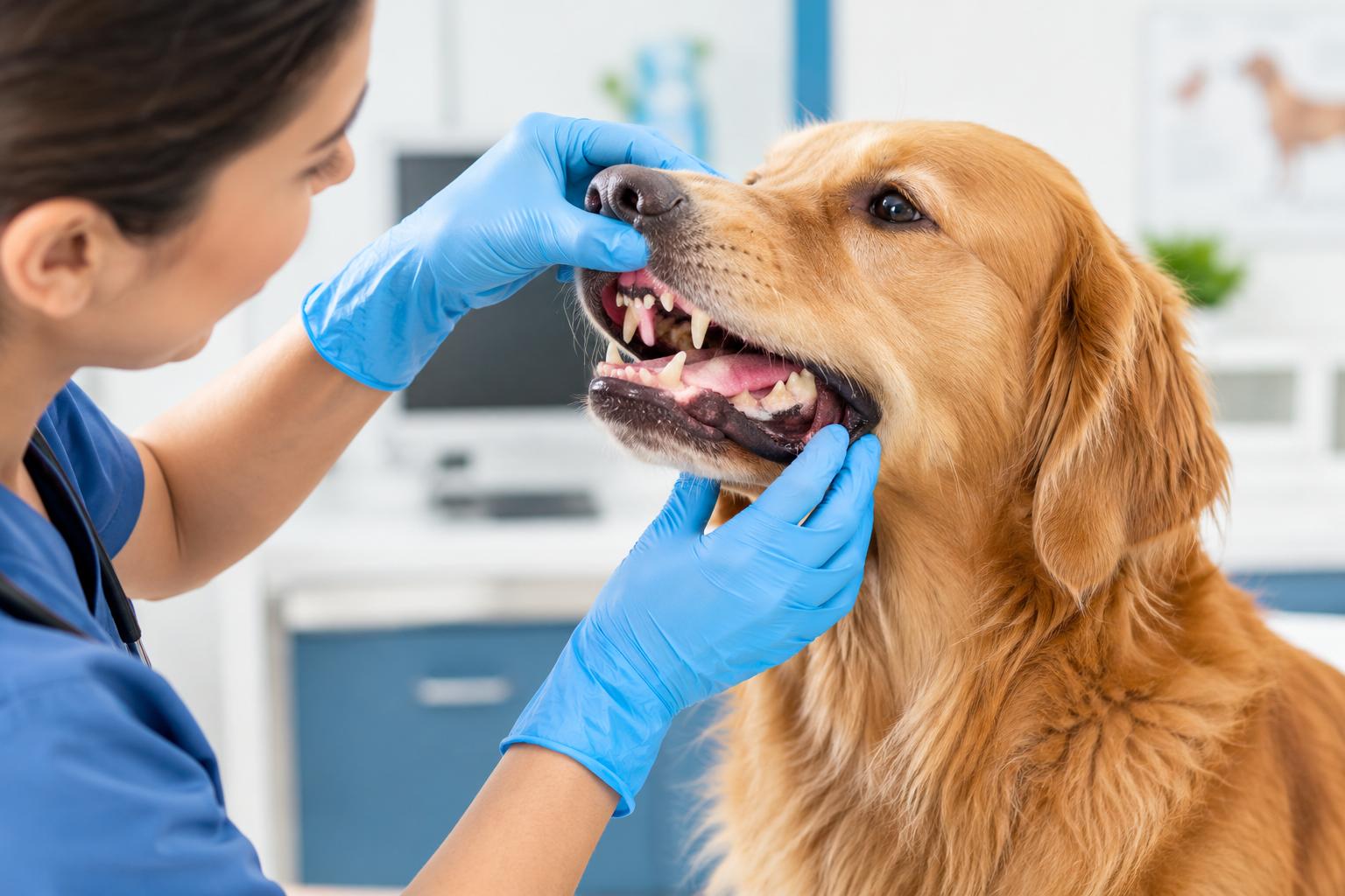 Veterinarian checks a dog’s teeth to assess need for dental extraction.