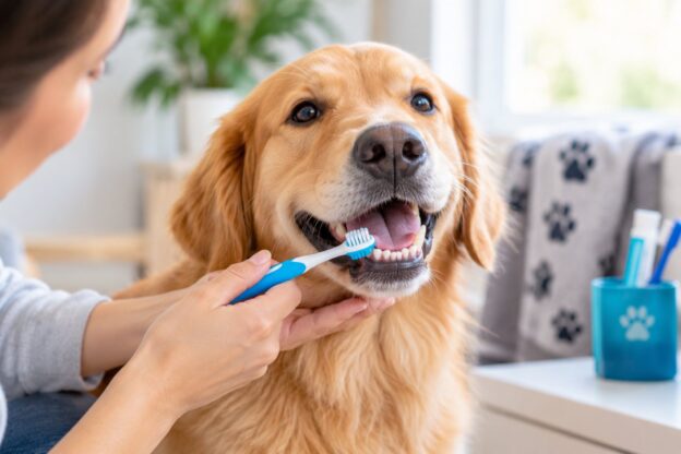 Dog dental health care with a toothbrush and gentle at-home cleaning.