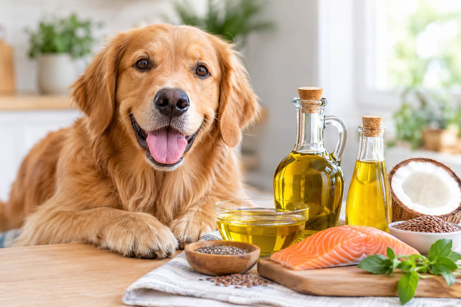 Healthy oils for dogs alongside a happy golden retriever and fresh ingredients.