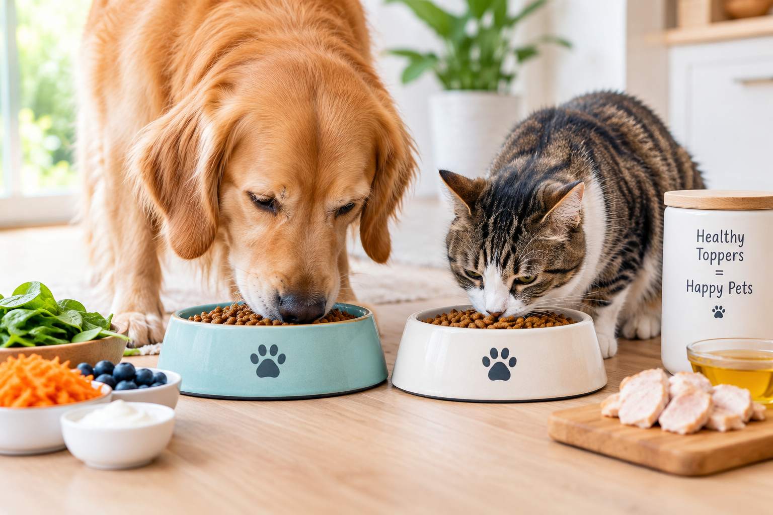 Pet parents enhancing a pet’s kibble-based diet with healthy food toppers
