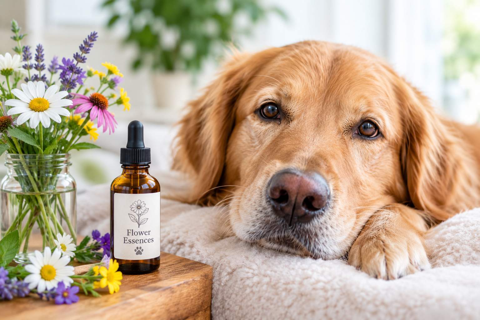 Flower essences for dogs supporting emotional well-being in a calming setting.