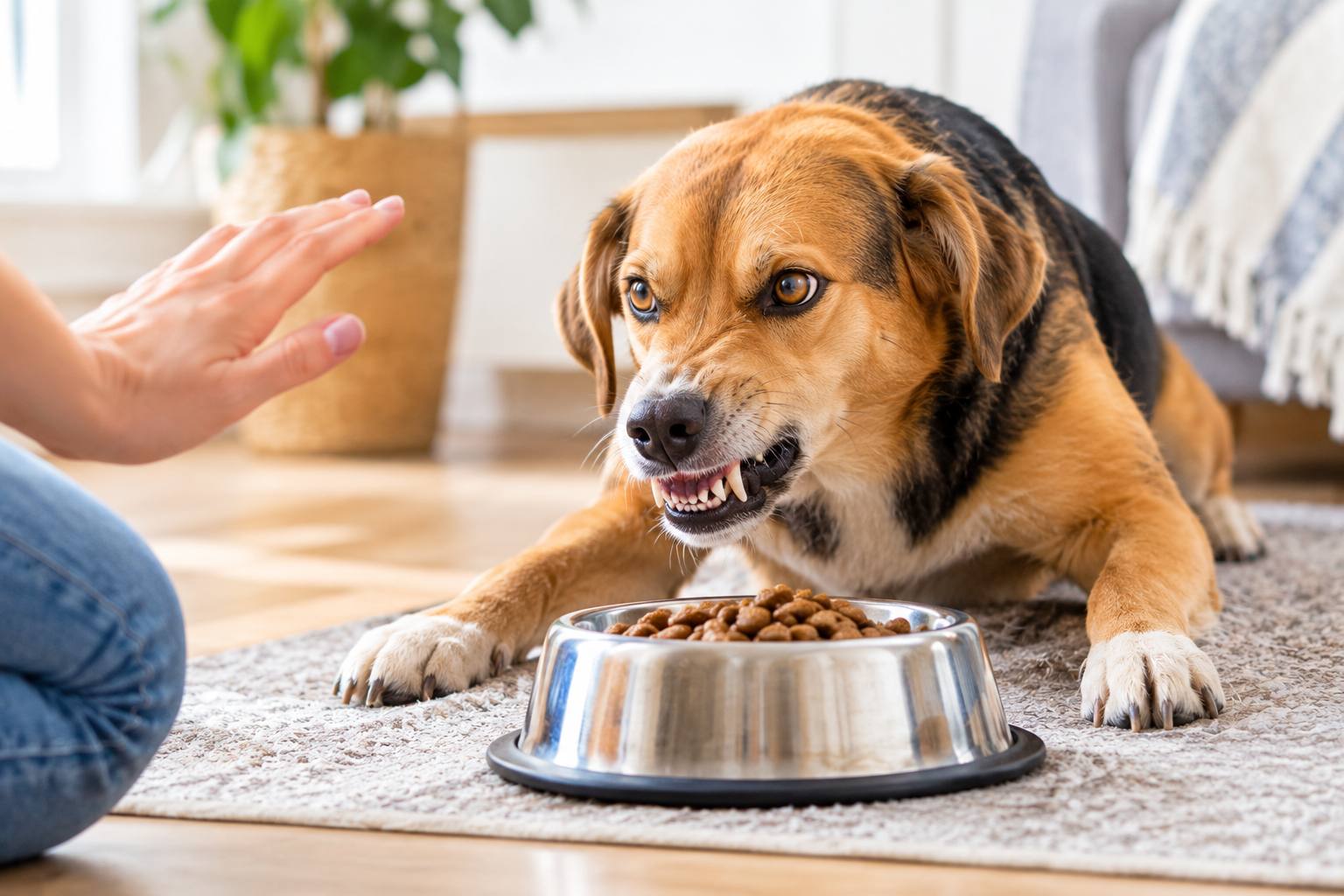 Dog aggressive around food while guarding a bowl.