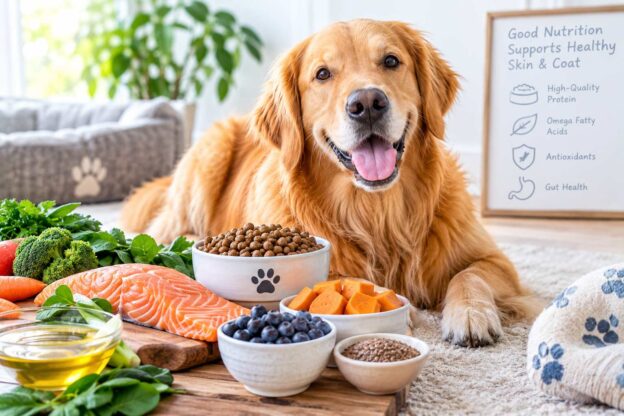 Nutrition for allergic dogs featuring wholesome foods that support healthy skin and coat.