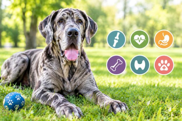 Giant breed dog resting outdoors, illustrating common health issues in giant breed dogs.