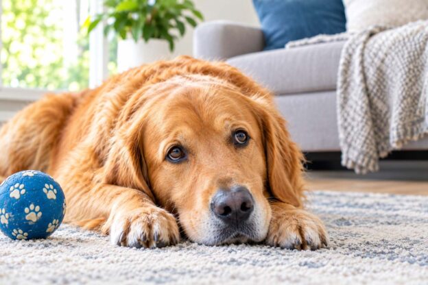 Dog resting at home, illustrating health problems that can cause behavior changes in dogs.