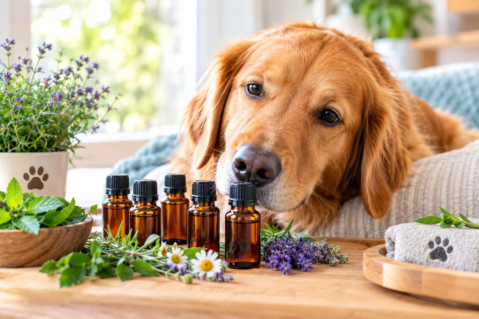 Dog choosing her own essential oils beside amber bottles and fresh calming herbs.