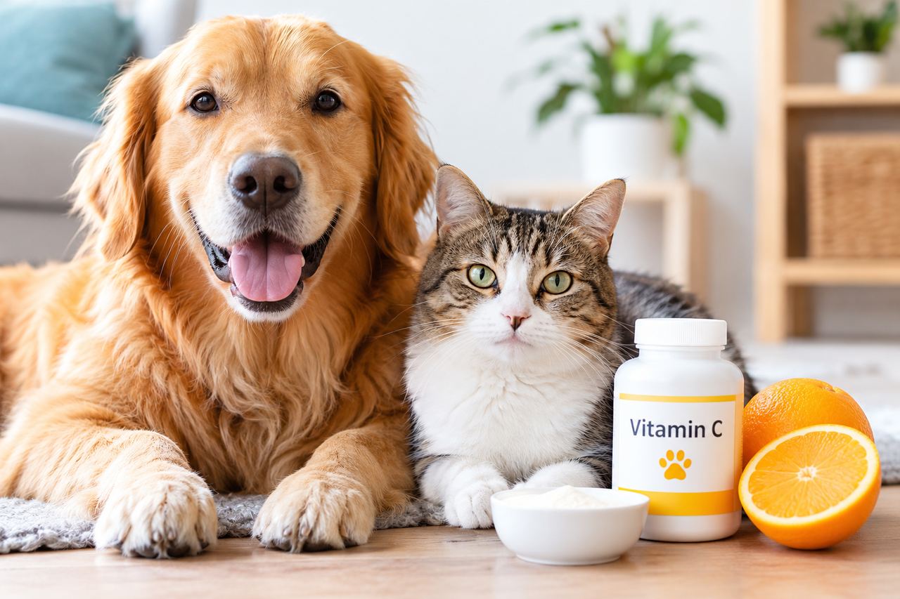 High-dose vitamin C therapy for dogs and cats with supplement bottle and oranges.