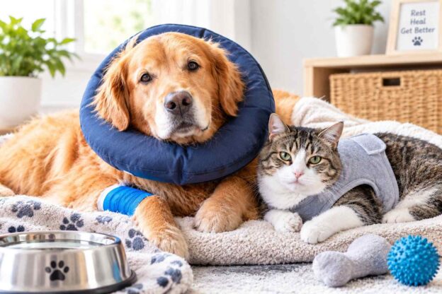 Golden retriever and tabby cat resting while helping your dog or cat recover after surgery.