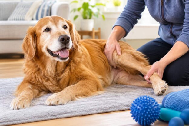 Home physical therapy for arthritic dogs gently guided by their owner.