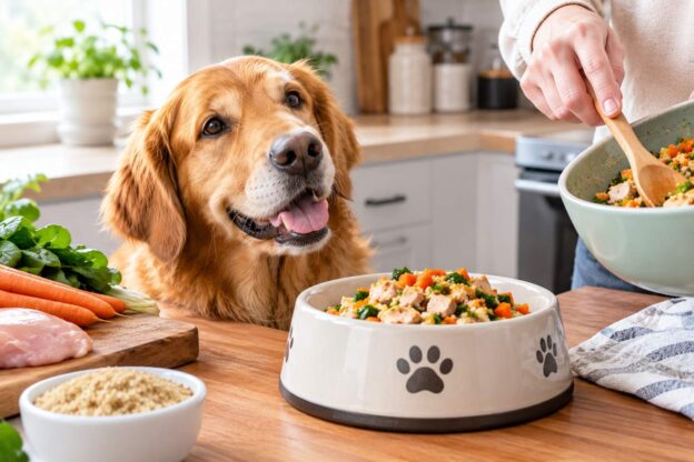 Home-prepared pet food for dogs featuring fresh ingredients in a bowl.