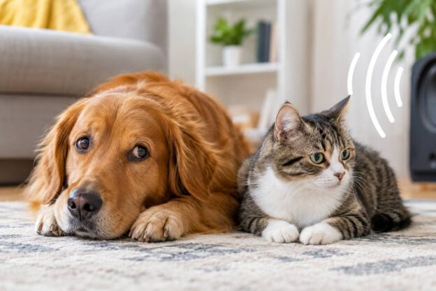 Dog and cat reacting to sounds in a cozy living room environment