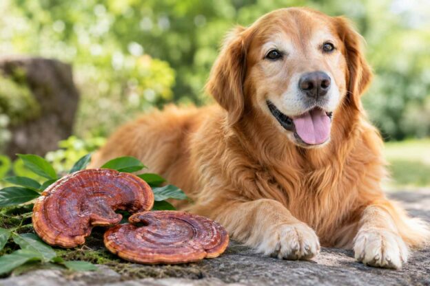 Golden retriever beside reishi mushrooms, exploring potential benefits for dog health.