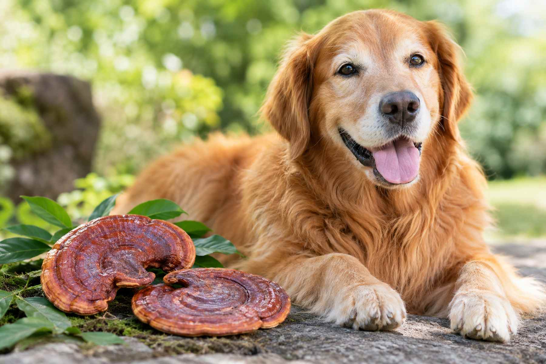 Golden retriever beside reishi mushrooms, exploring potential benefits for dog health.