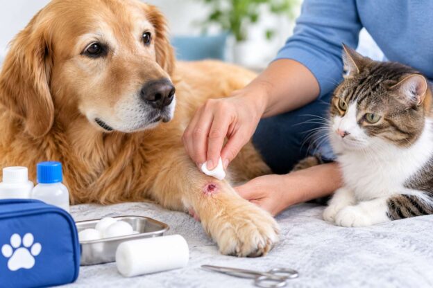 Person gently applying cotton to clean and care for wounds in a dog.
