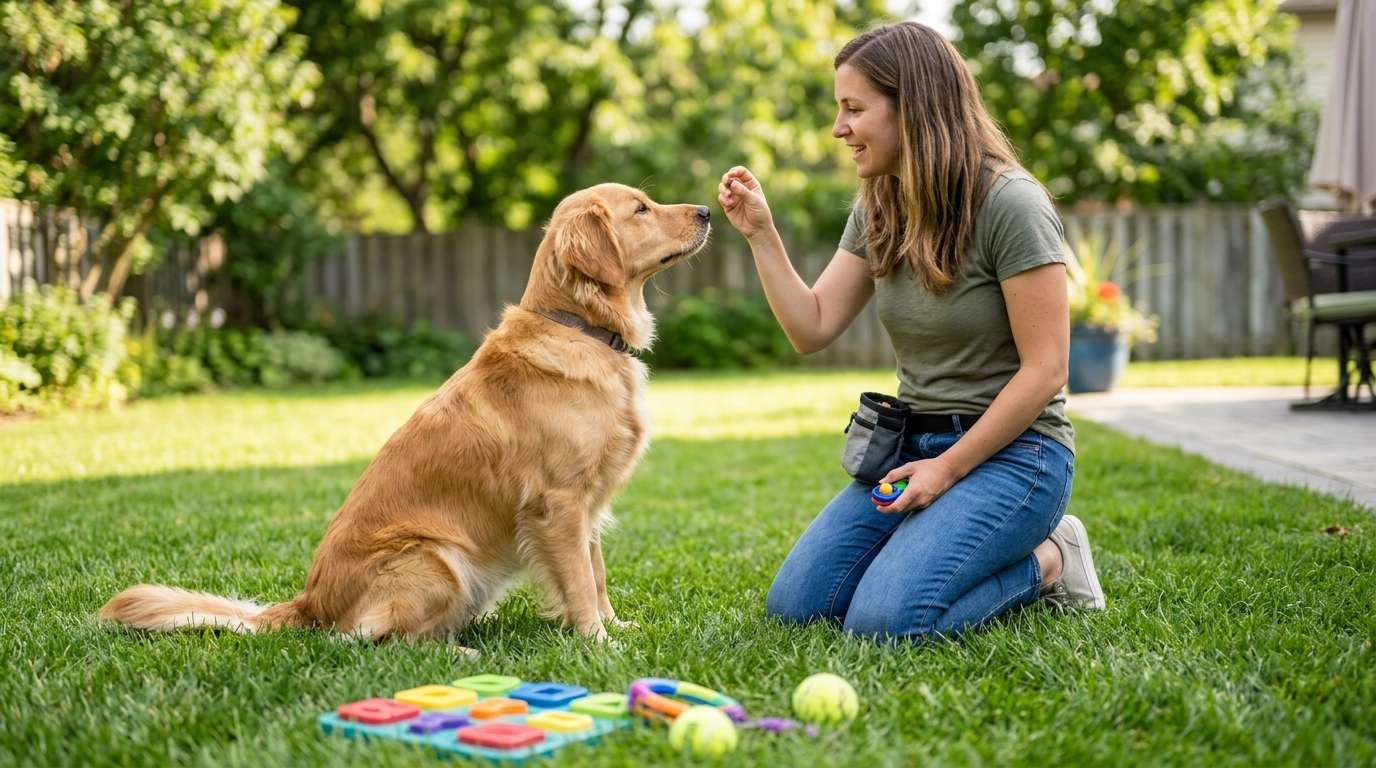 Woman using treat training in a backyard to enhance her dog's learning ability.