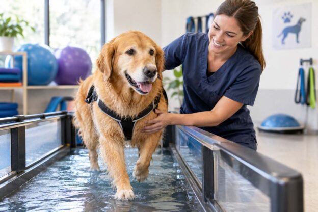 Canine rehabilitation helps improve dog mobility and quality of life during therapy.