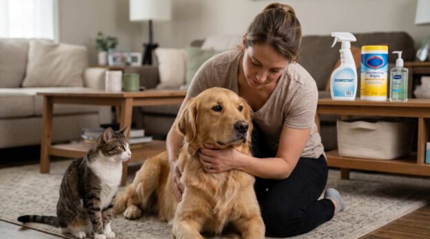 A dog and cat near disinfectant and sanitizer with their concerned owner.