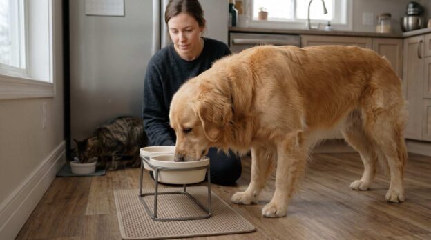 A Golden Retriever's eating habits impact its overall oral and spinal health.