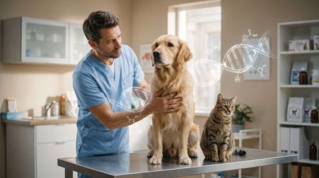 A veterinarian examining pets showing how epigenetics affect your dog or cat's health.