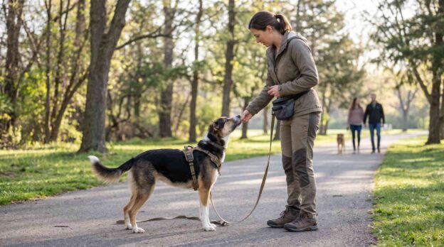 Trainer using positive reinforcement to calm a reactive dog without medication in a park.