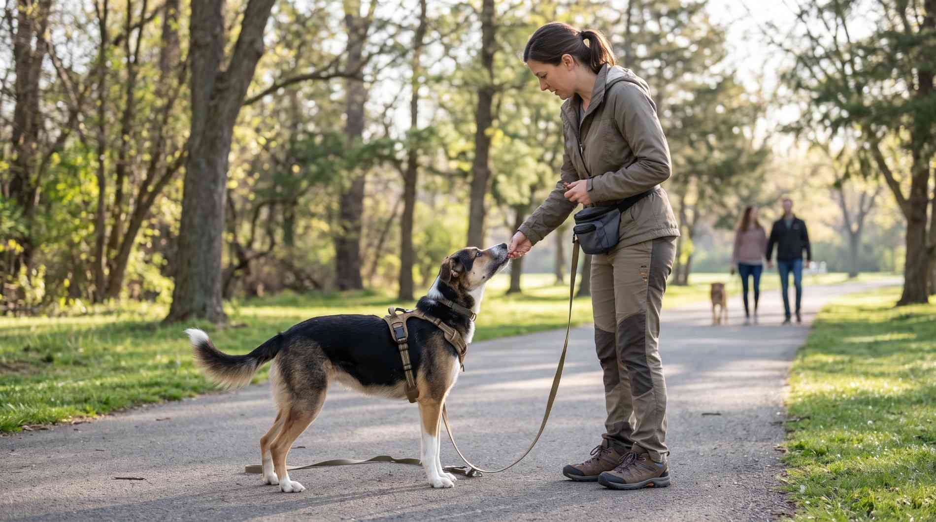 Trainer using positive reinforcement to calm a reactive dog without medication in a park.