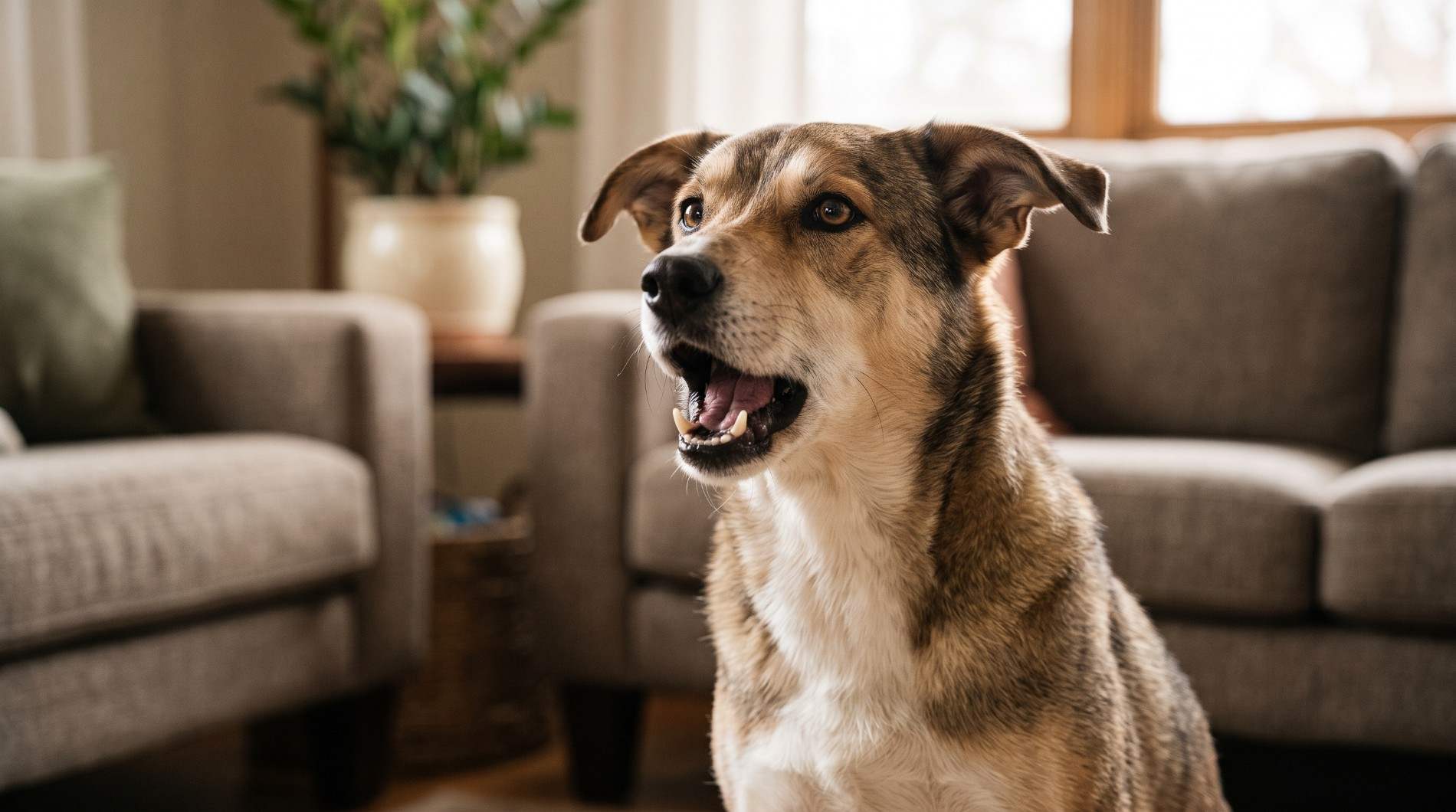 Alert dog barking in a living room, illustrating how you can interpret your dog's barks.